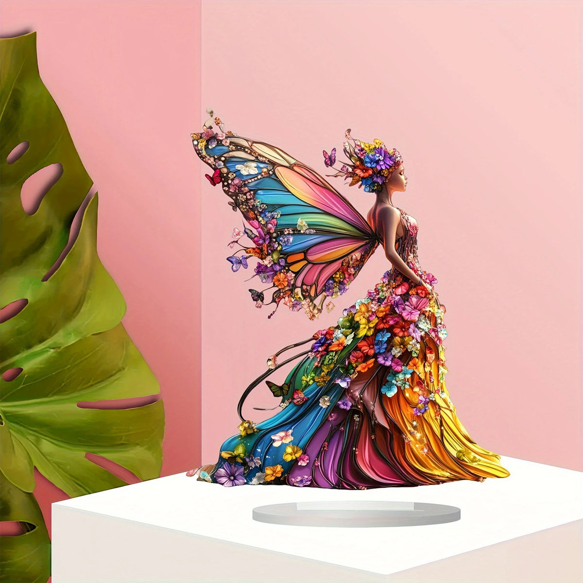 sculpture féerique femme ailes coiffe florale multicolore fleurs papillons décoratif intérieur