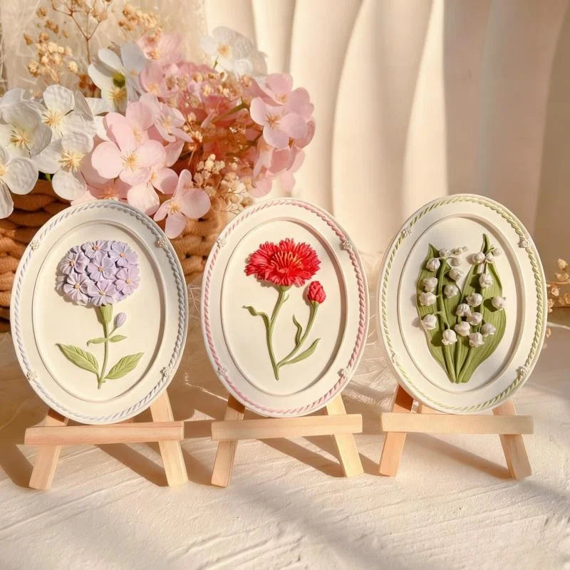 cadre décoratif ovale silicone fleurs reliefs artisanal clips ruban couleurs variées maison