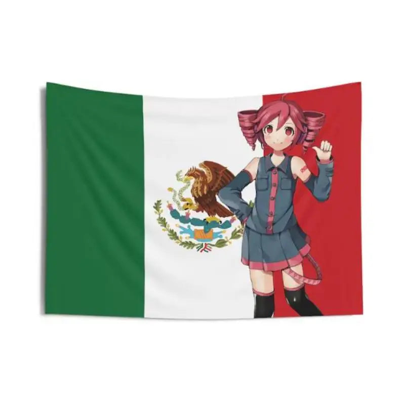 tapisserie murale drapeau mexicain illustration fille anime moderne vert blanc rouge chambre decoration