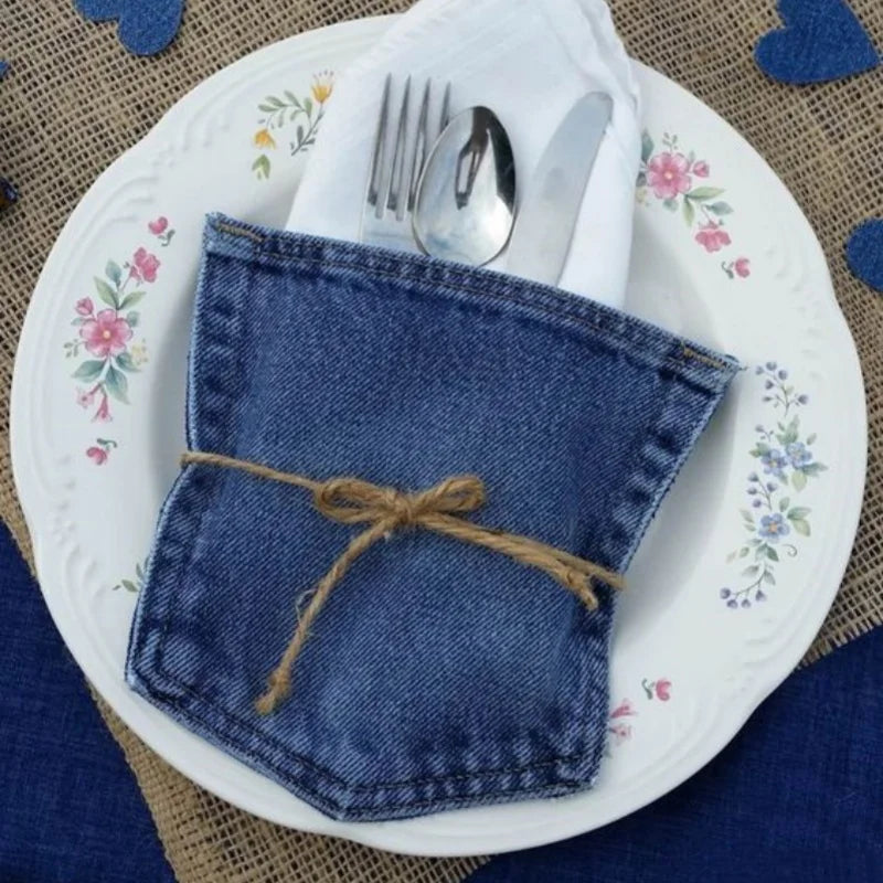 pochette jean bleu denim rustique porte couverts pochette mariage anniversaire noël occasionnelle cadeaux événementiels