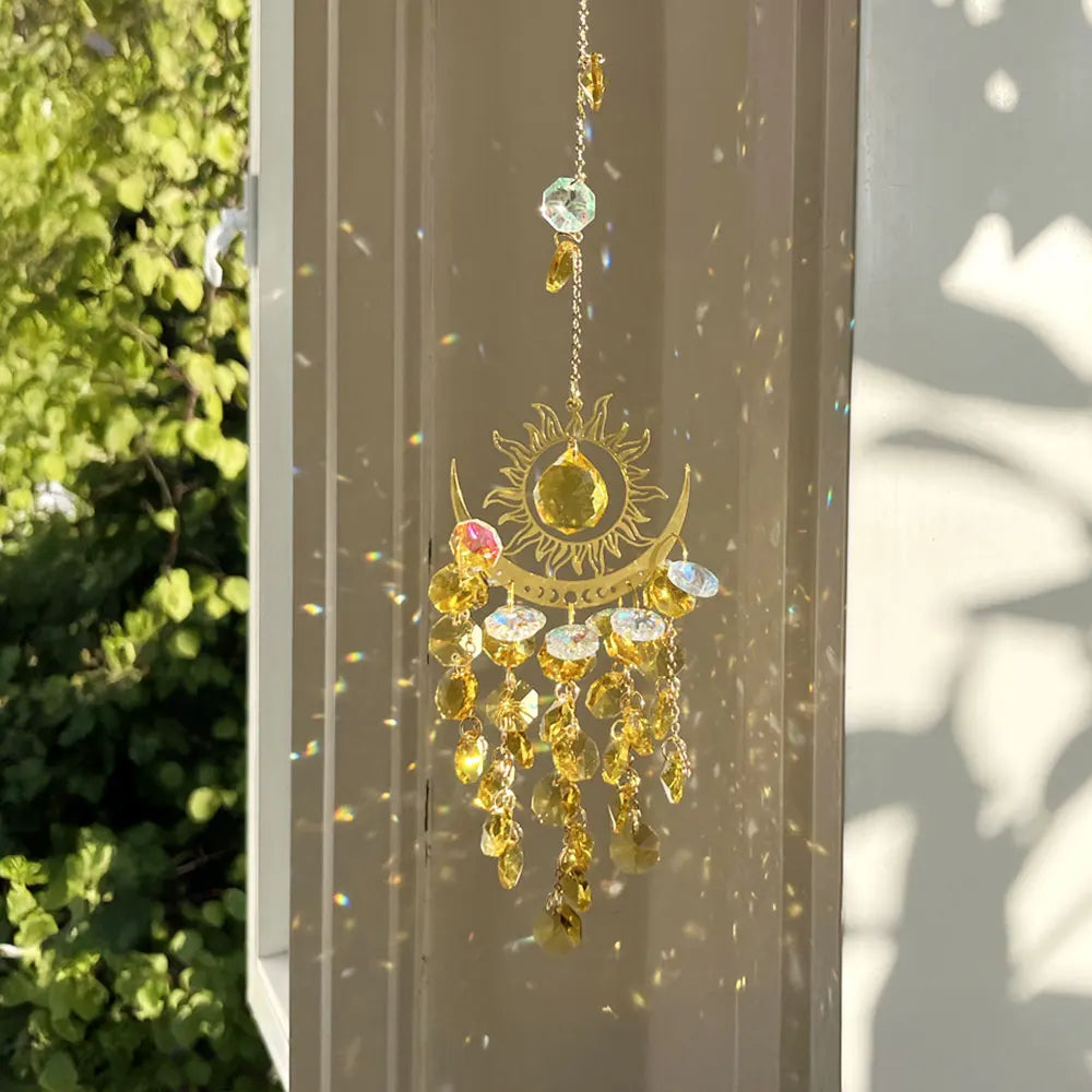 décoration murale boho chic or vert bleu jaune soleil lune translucides crochets chaîne