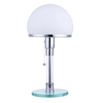 lampe table moderne blanc chrome verre opale interrupteur bouton base plate chambre salon