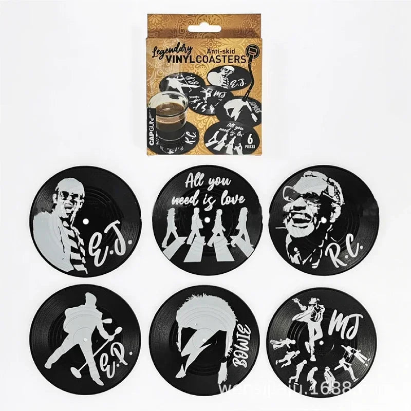 coasters vintage rockabilly noir motifs disques vinyle blancs résistants chaleur antidérapants plastique respectueux environnement