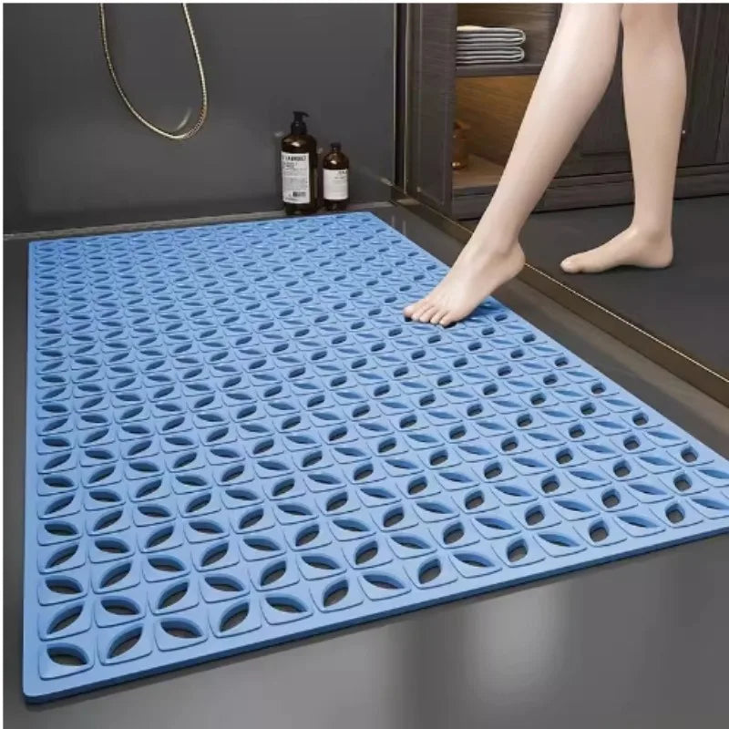 tapis bain douche PVC géométrique texturé moderne ventouses gris bleu minimaliste