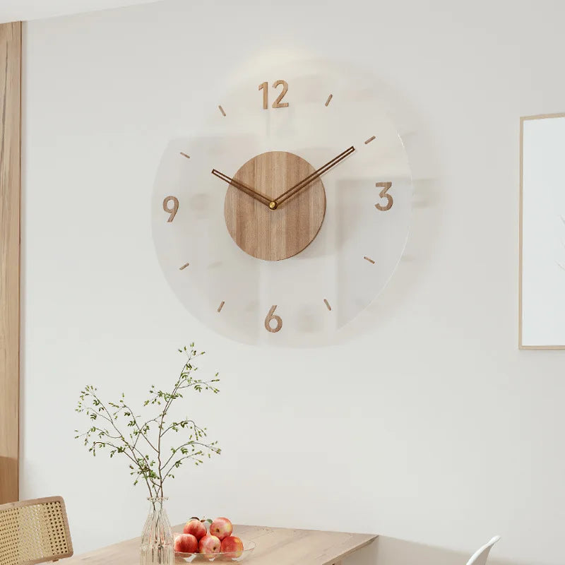 horloge murale moderne aiguille quartz bois clair blanc doré minimaliste 30cm translucent