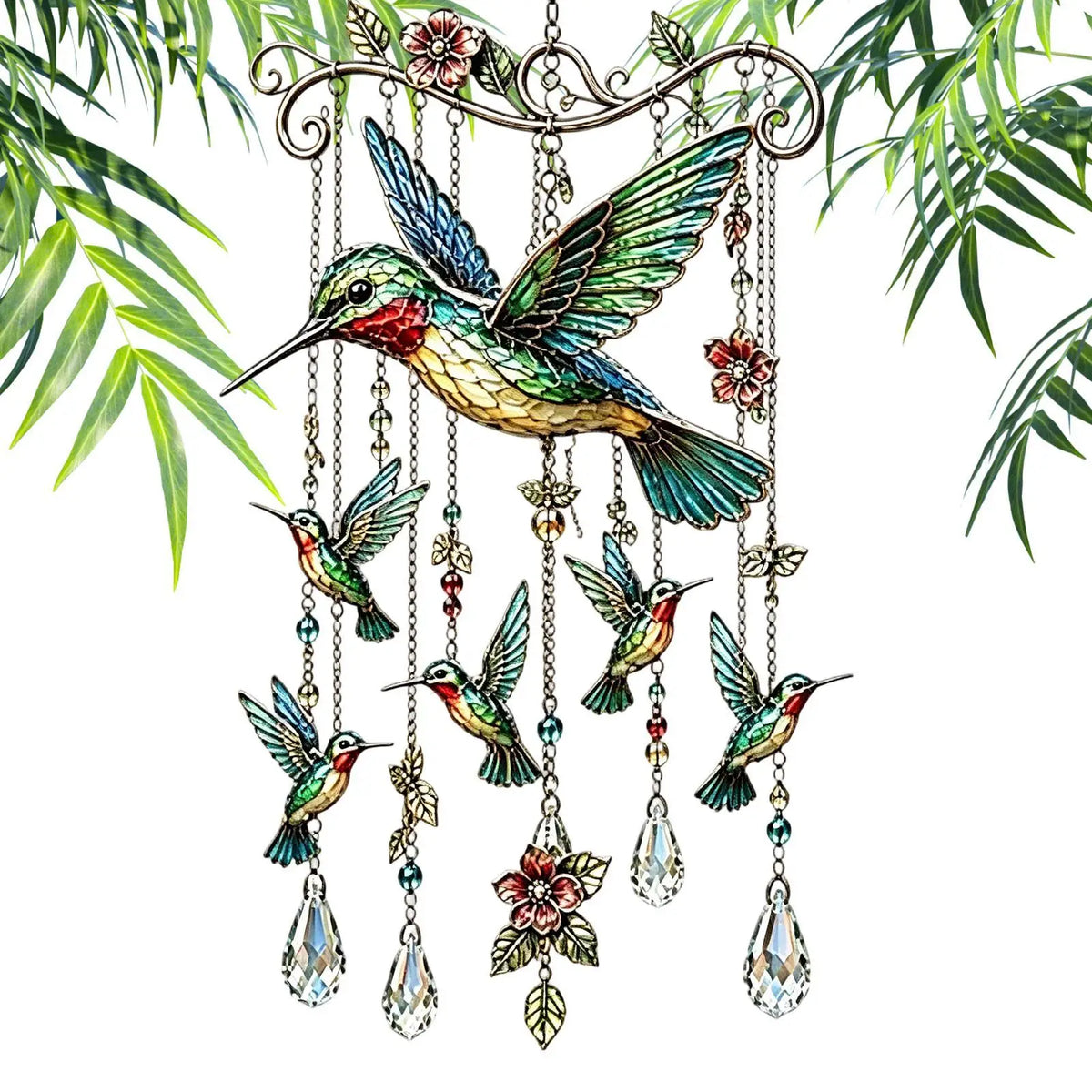 mobile décoratif suspendu colibris fleurs vitrail cristaux métal famille extérieur pastorale