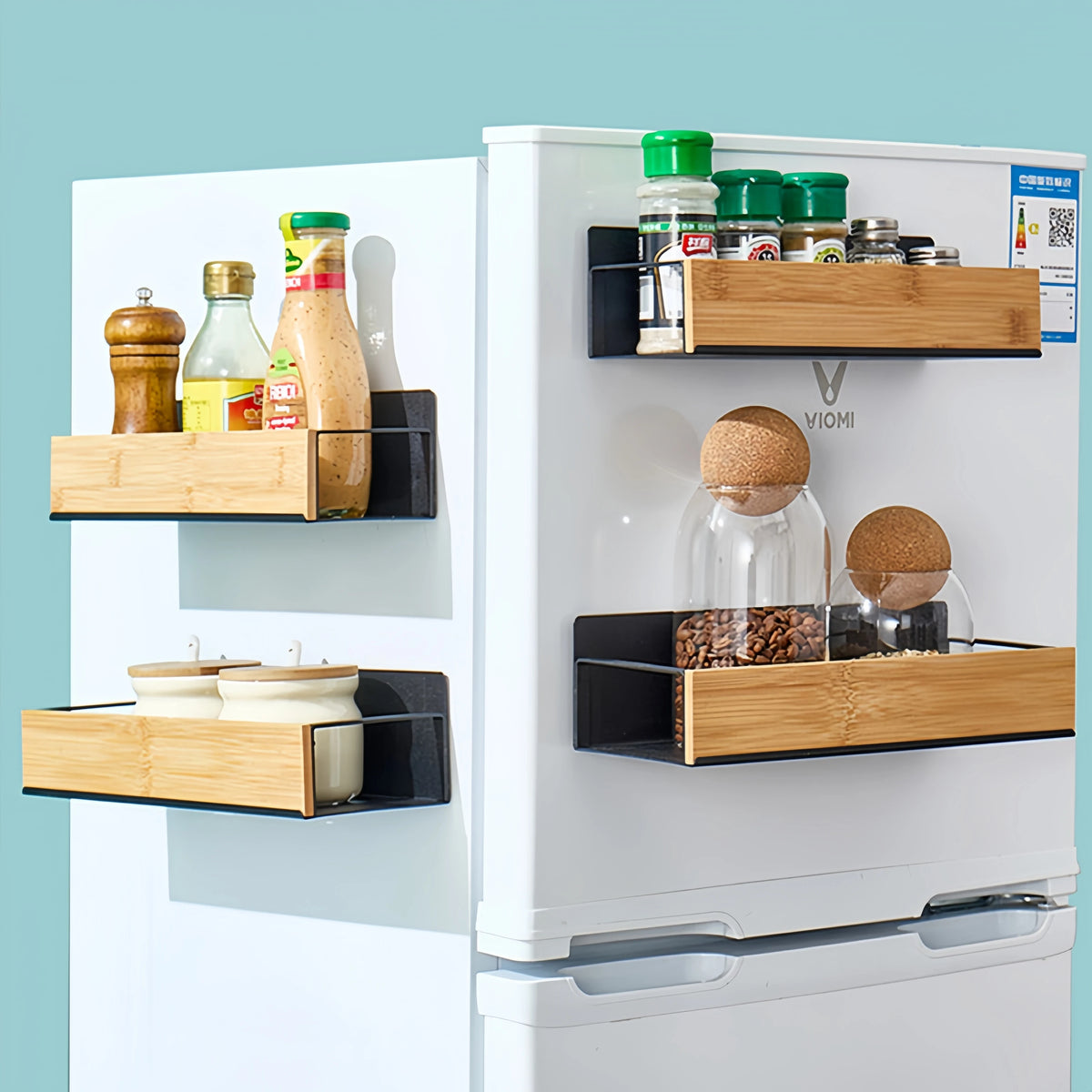 étagères réfrigérateur magnétiques rangement épices acier inoxydable moderne noires bouteilles pots cuisine