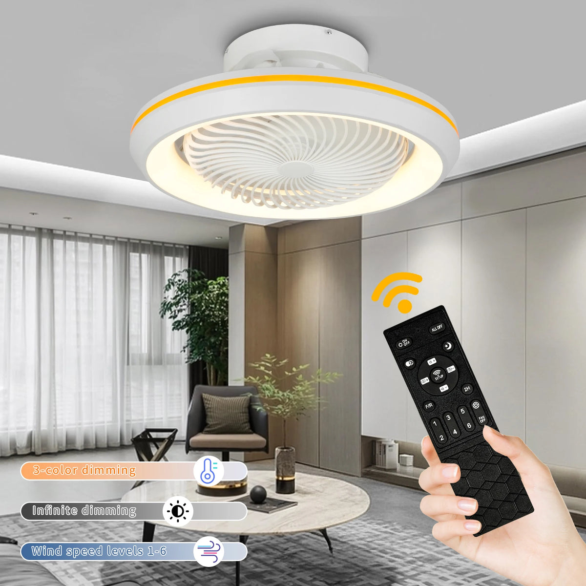 ventilateur oscillant led moderne télécommande blanc jaune 49cm 360degrees 2000lm 110v220v