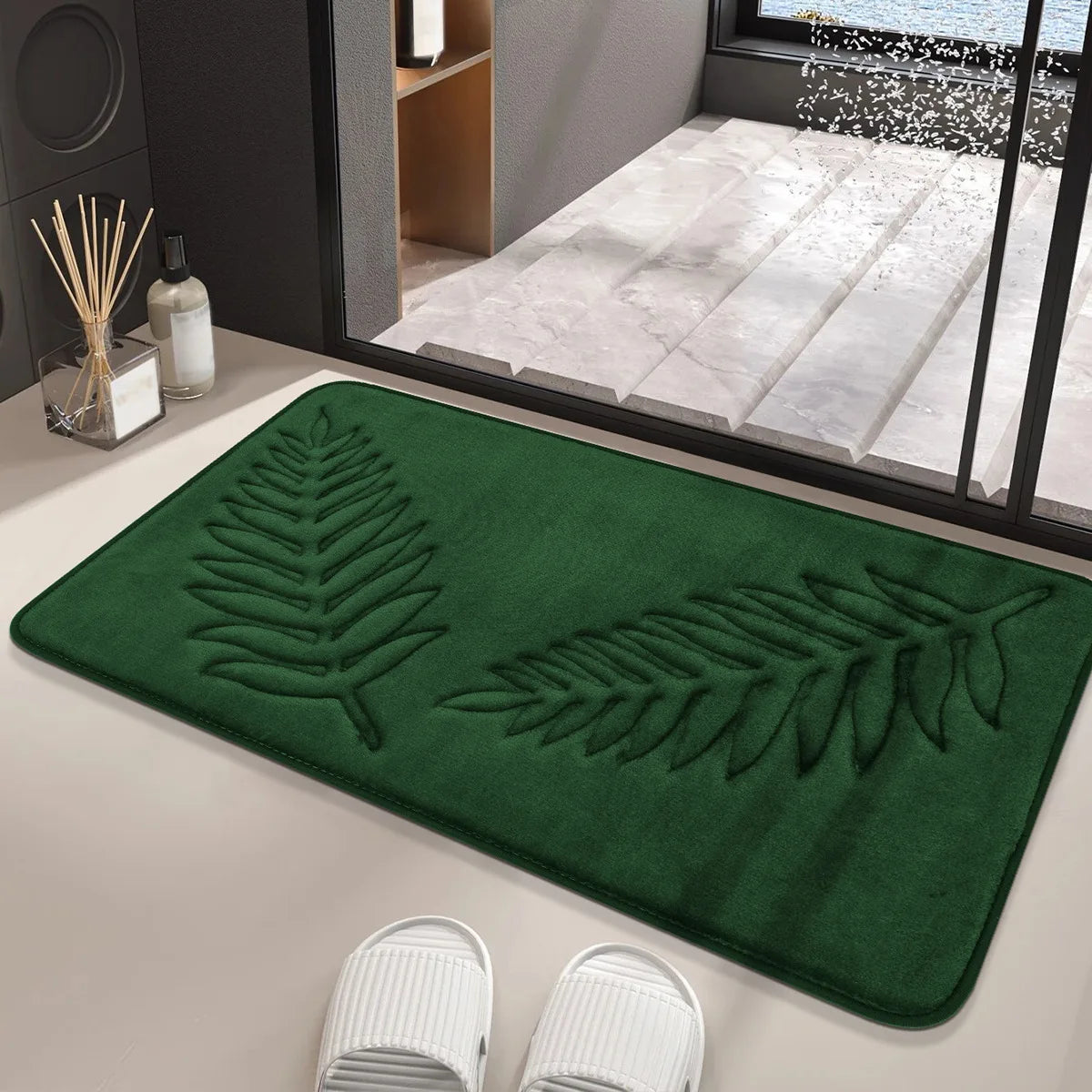 tapis bain doux feuilles fougère relief moderne vert gris polyester
