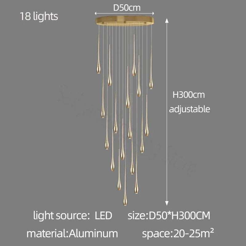 Suspension moderne dorée gouttes pluie opaques lumière chaude lumière blanche 90 260V