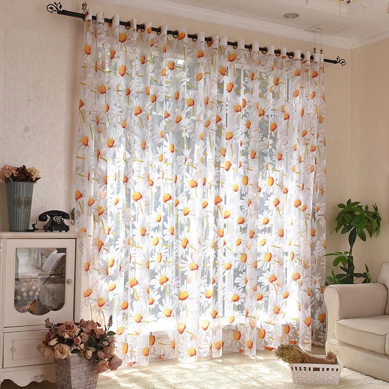 rideaux voilage floral motif marguerites peintes main blanc jaune translucent fenetre chambre