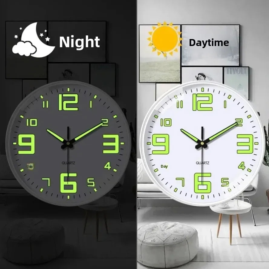 horloge murale moderne chiffres vert fluorescent fond noir blanc