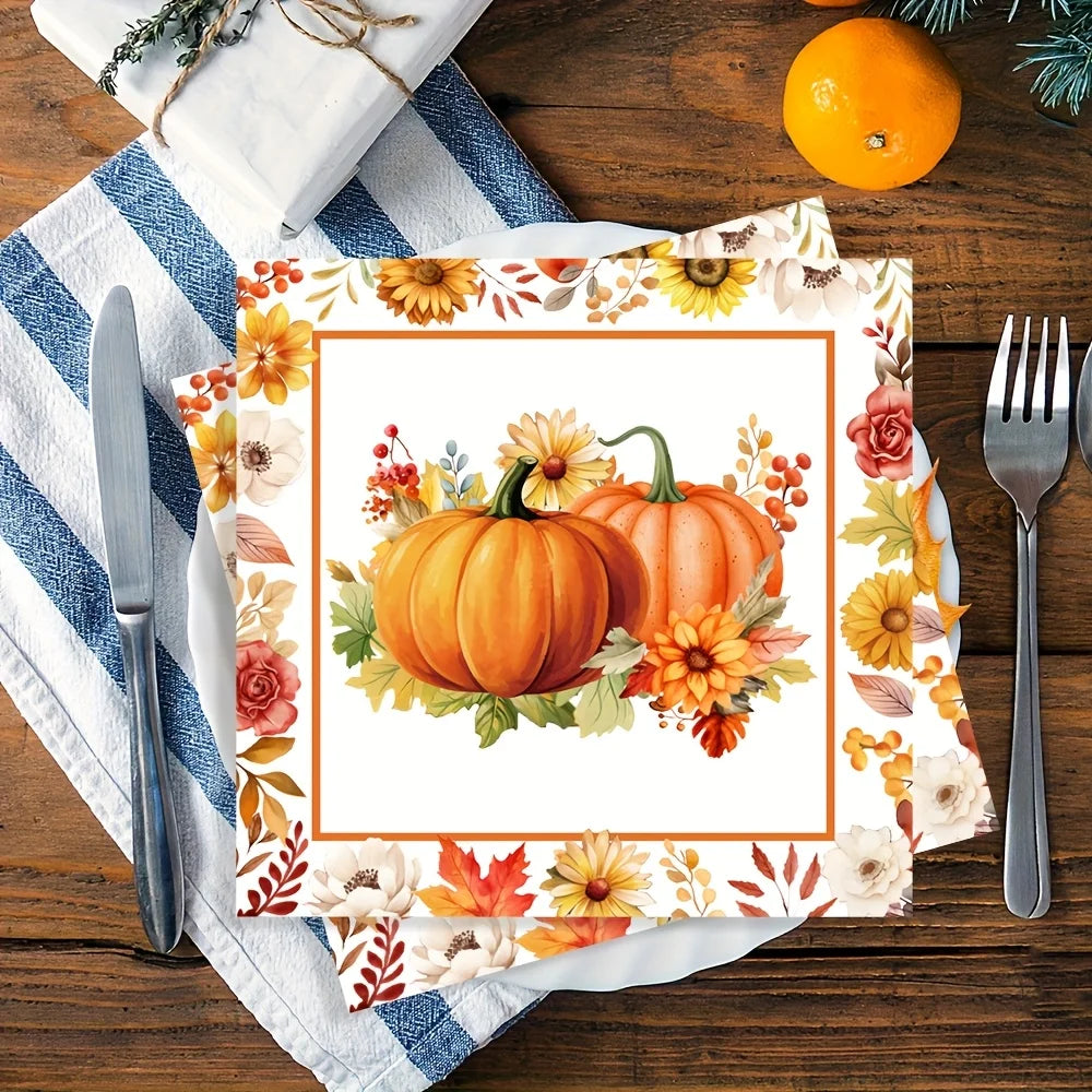 serviettes table imprimées citrouilles feuilles d'automne orange blanc marron vert rouge jaune