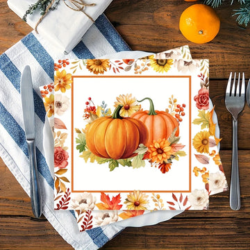 serviettes table imprimées citrouilles feuilles d'automne orange blanc marron vert rouge jaune