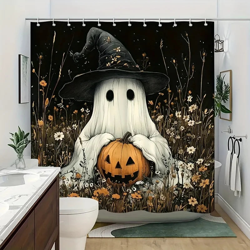 rideau douche halloween fantôme citrouille noir blanc opacité crochets sorcière fleurs sauvages toilette classique
