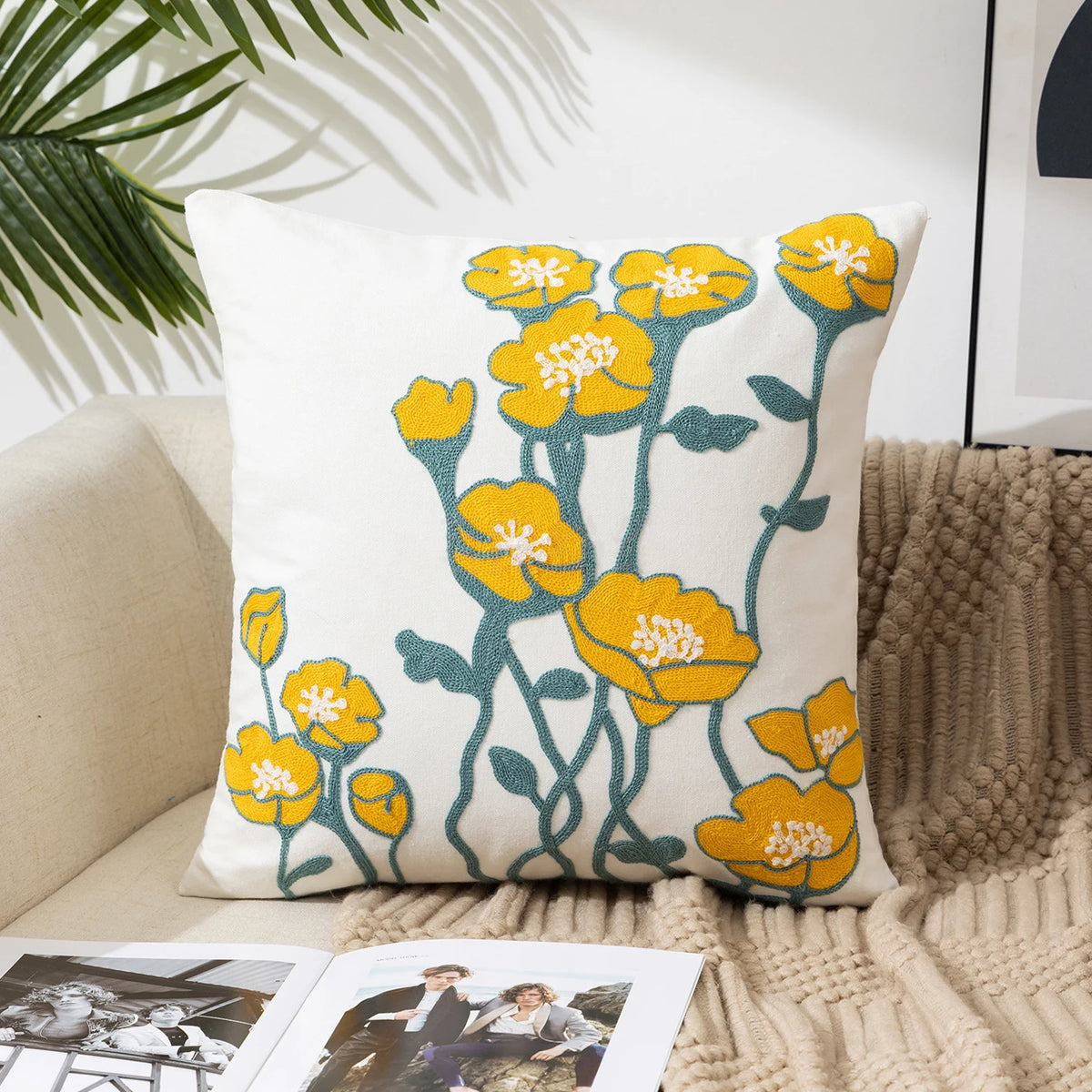 taies d'oreiller fleurées moderne decoration maison 45x45cm polyester coton lin blanc