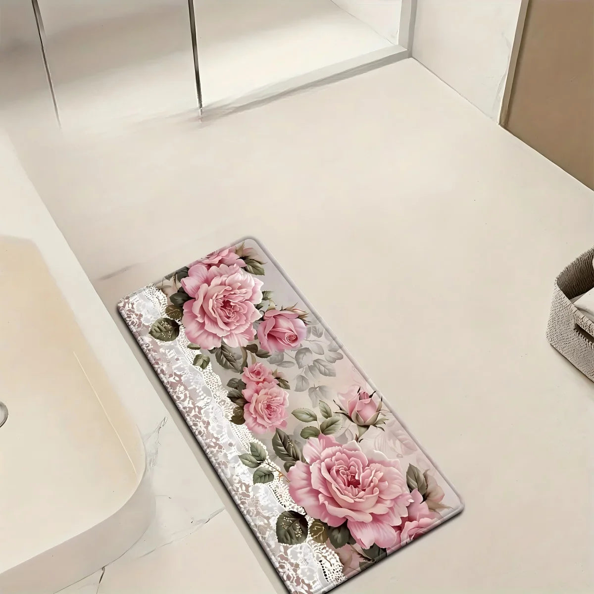 tapis bain rose motifs floraux dentelle antidérapant shabby chic floral duveteuxsetSize