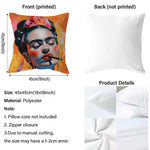 coussin contemporain zip invisible polyvalent orange bleu rouge peinture abstraite visage stylisé 45x45cm polyester