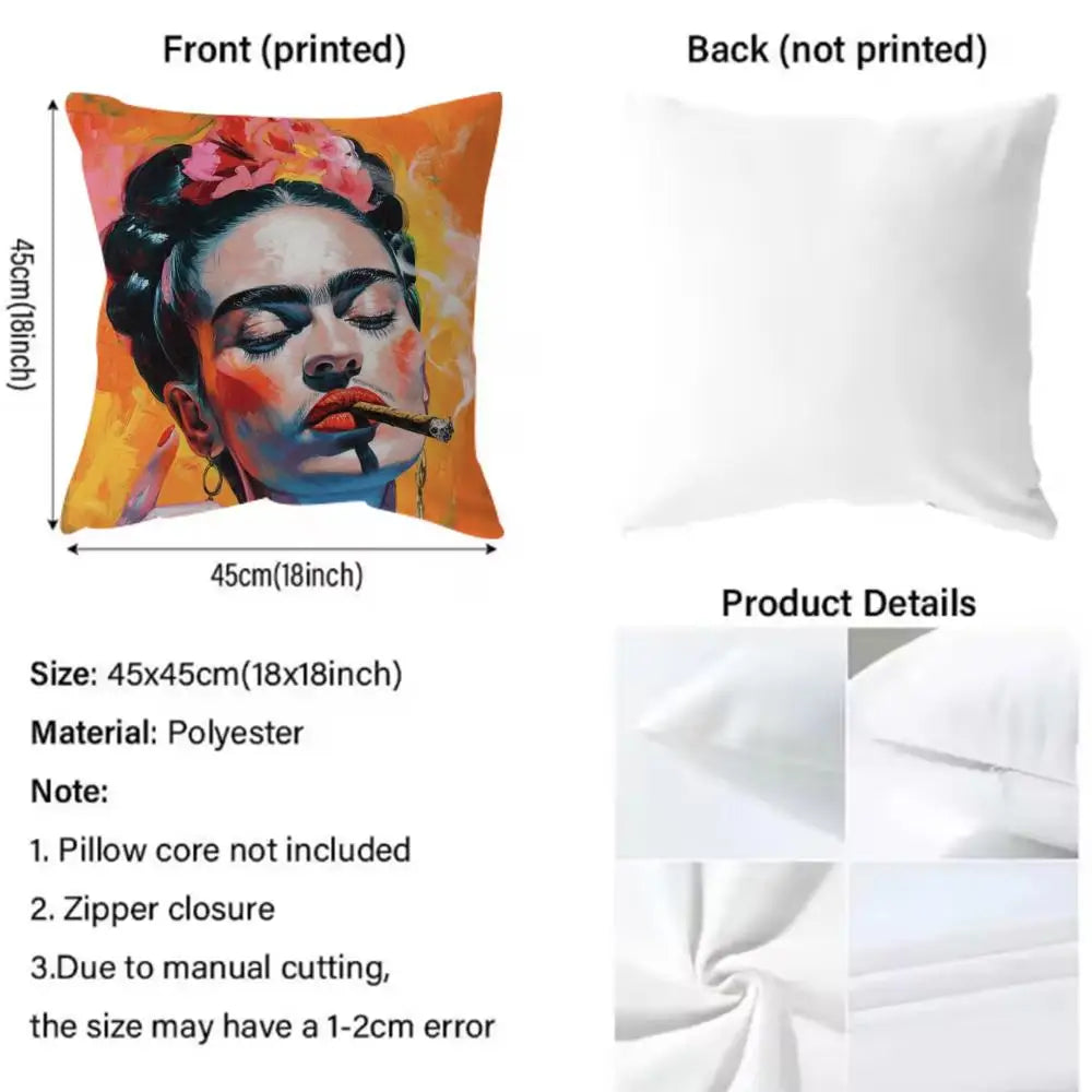 coussin contemporain zip invisible polyvalent orange bleu rouge peinture abstraite visage stylisé 45x45cm polyester