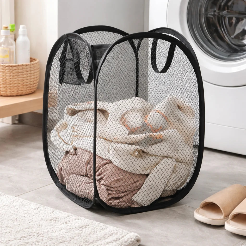 panier linge noir gris moderne maille pliable respectueux environnement poignées