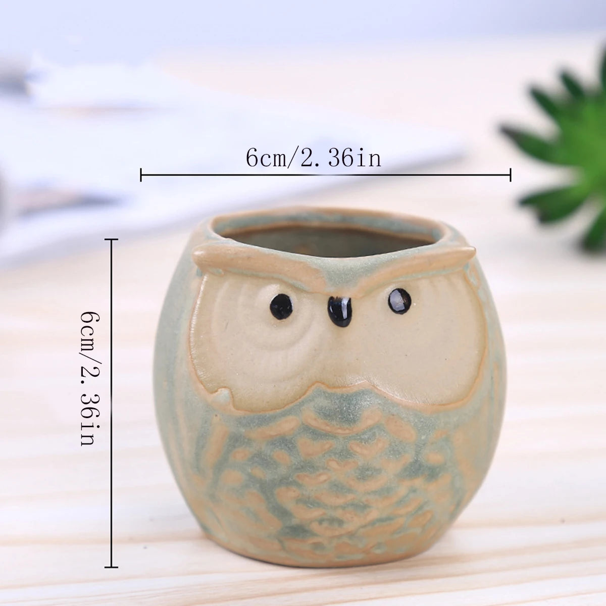 Détail du design hibou sur cache-pot céramique
