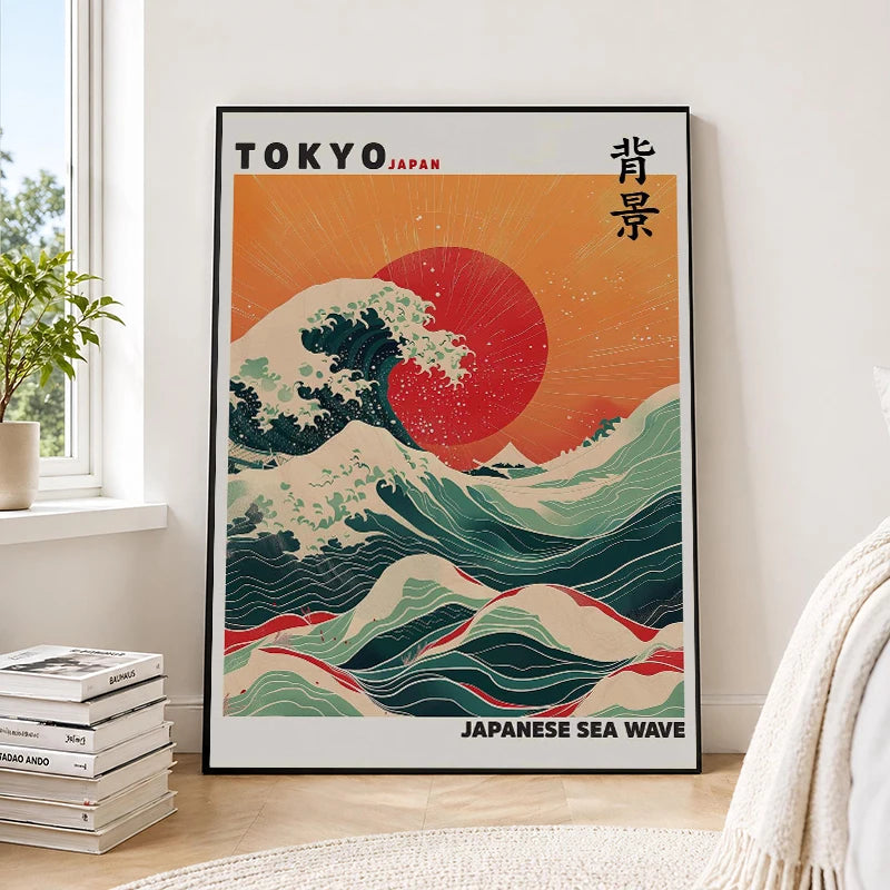 affiche toile paysage japonais mont fuji vagues soleil rétro décoration salon cadre noir