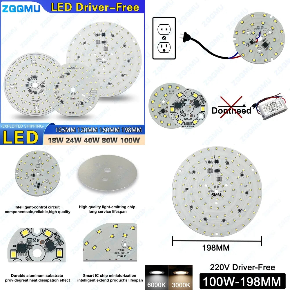 plaque led blanc diodes rondes modernes circuits intégrés connecteurs 105mm 120mm 160mm 198mm 80w