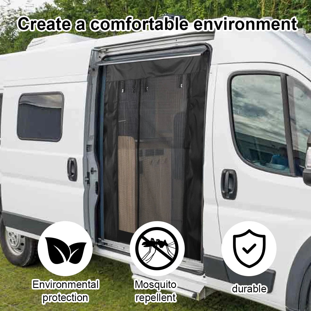 moustiquaire camping car van porte anti insectes filet gris noir fixations cordons intérieur véhicule