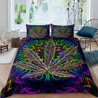 housse couette motif feuilles cannabis stylisées abstrait psychédélique noir vert rouge vibrant bohème