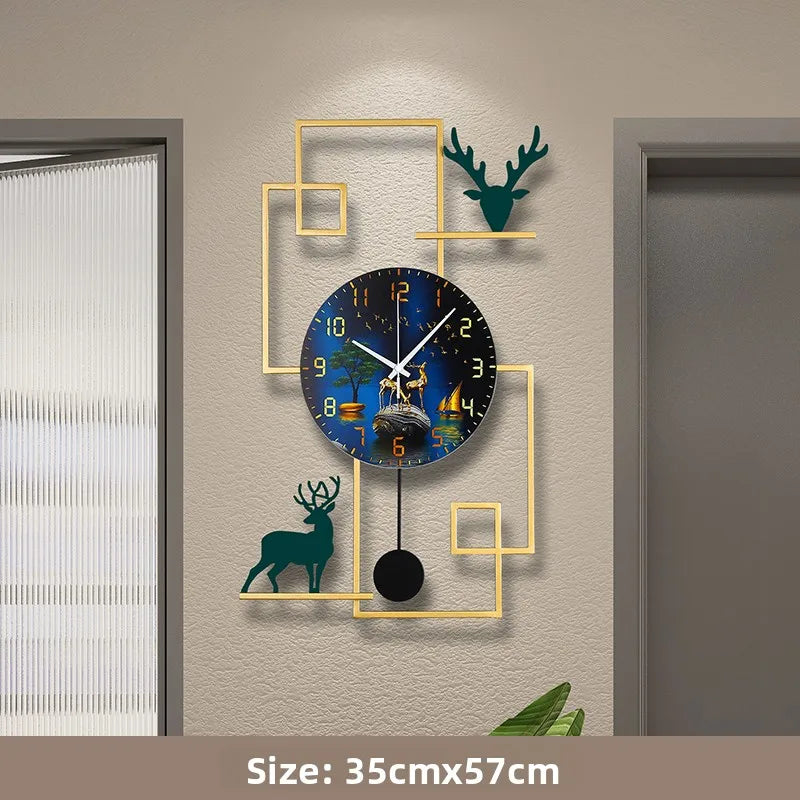 horloge murale moderne bleu doré motif paysage marin bateaux arbres montagnes aiguille métal sans