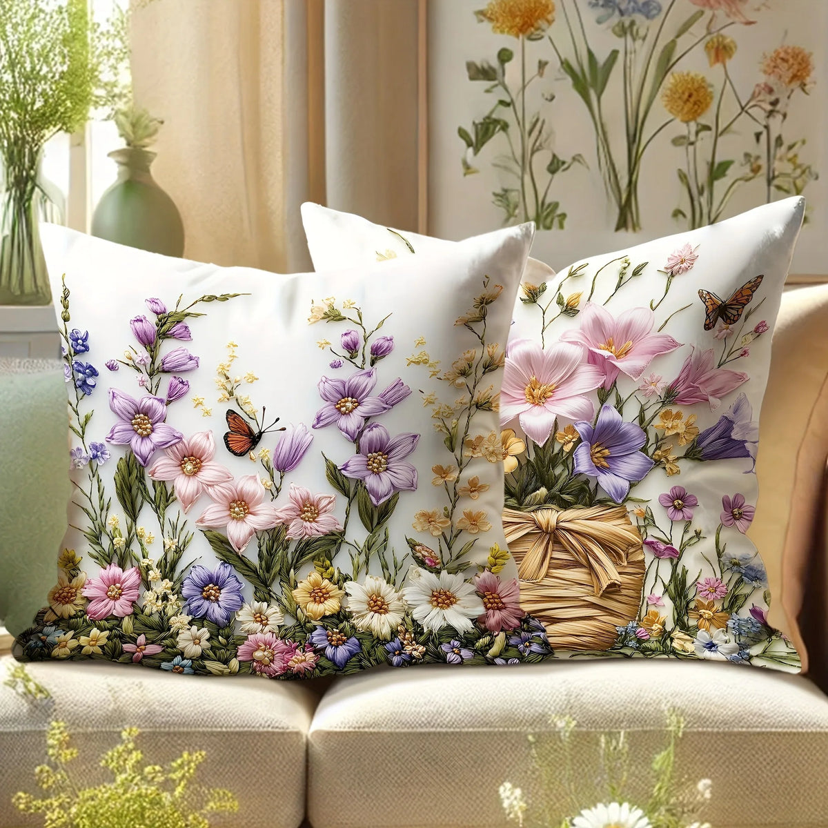 housse coussin fleurs papillons guirlande motif vintage blanc violet rose jaune vert zipper closure