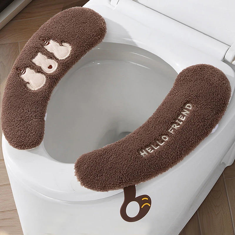 couvre siege toilette peluche blanc jaune imprimé chien doux decoratif anneaux métalliques salle bain