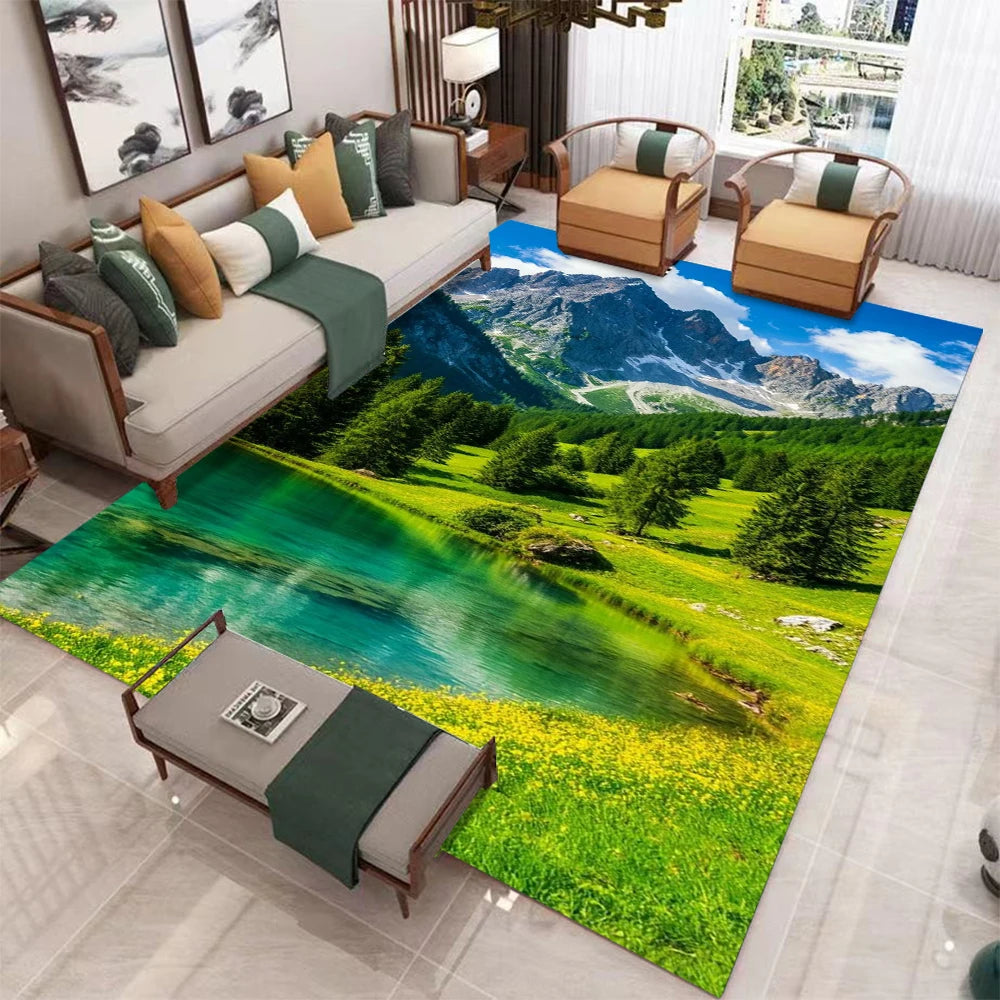 tapis salon moderne paysage montagne neige décoratif grand maison chambre bleu vert