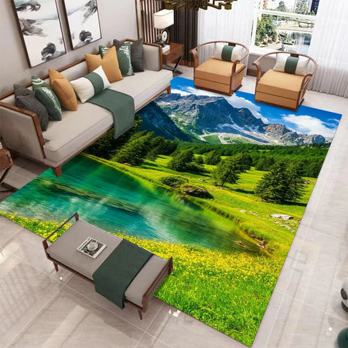 tapis salon moderne paysage montagne neige décoratif grand maison chambre bleu vert