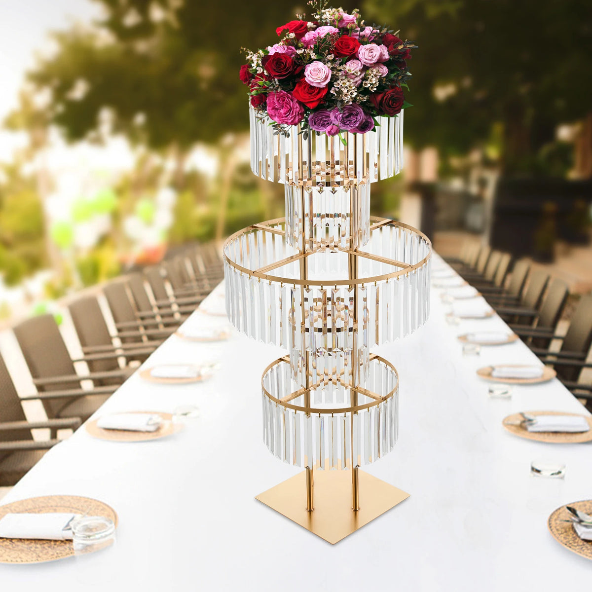 support fleurs moderne or rondelles transparentes décoration table mariage anniversaire pieds