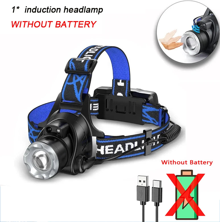 lampe frontale led noir bleu rayures diagonales modes ip64 waterproof adjustable