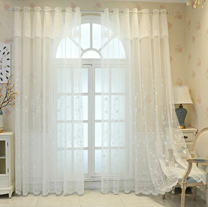 rideau blanc fleurs brodées tulle polyester classique translucide salon chambre