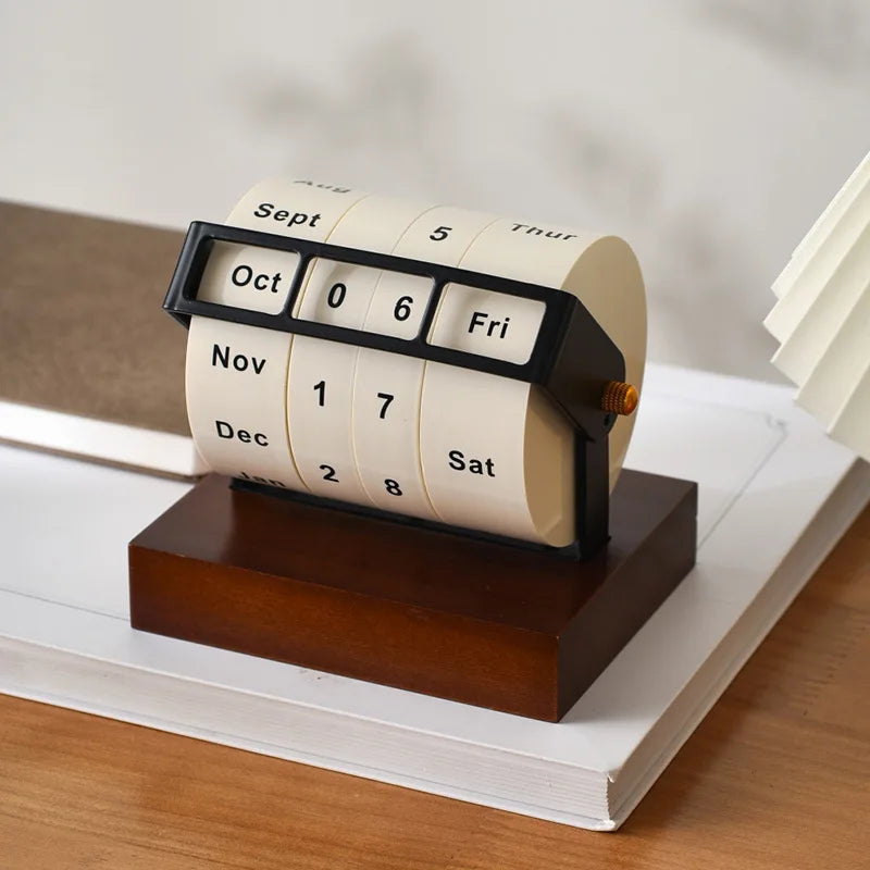 calendrier rotatif minimaliste moderne beige noir bois ornements dates mois jours