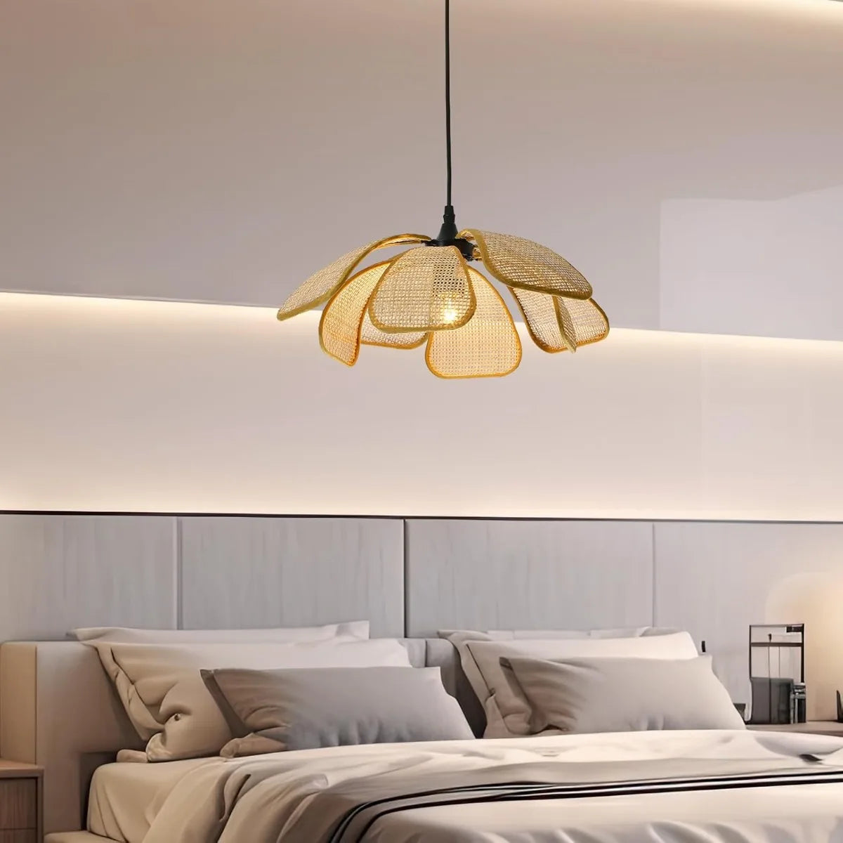 lampe suspendue moderne bambou tissé main boho couleur beige noir 50cm