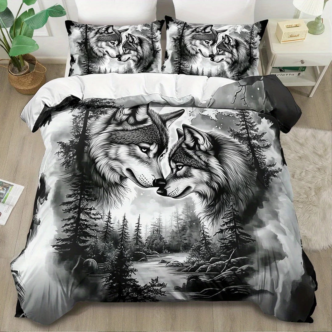 Ensemble de 3 pièces housse de couette et taies d'oreiller noires et blanches
