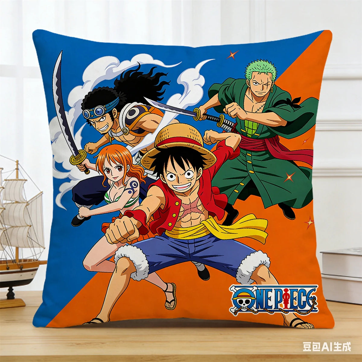 housse coussin One Piece motif Luffy rouge bleu noir polyestère cartoon salon chambre coucher