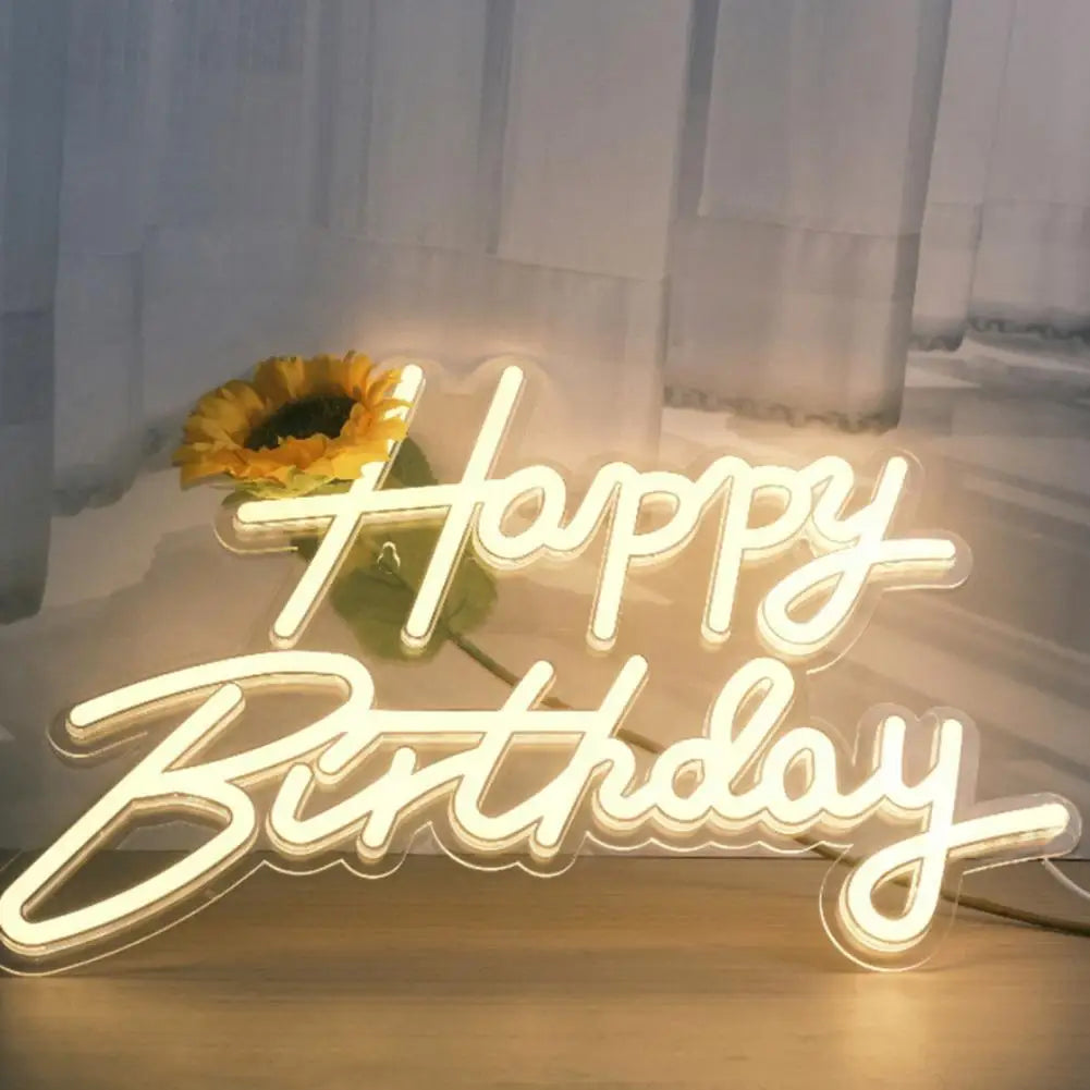 lampe néon happy birthday led acrylique décoration moderne câble usb anniversaire lettres stylisées blanc