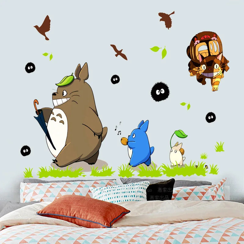 sticker mural dessin animé totoro oiseau feuilles champignon chambre enfant cartoon pvc opaque 40x60cm
