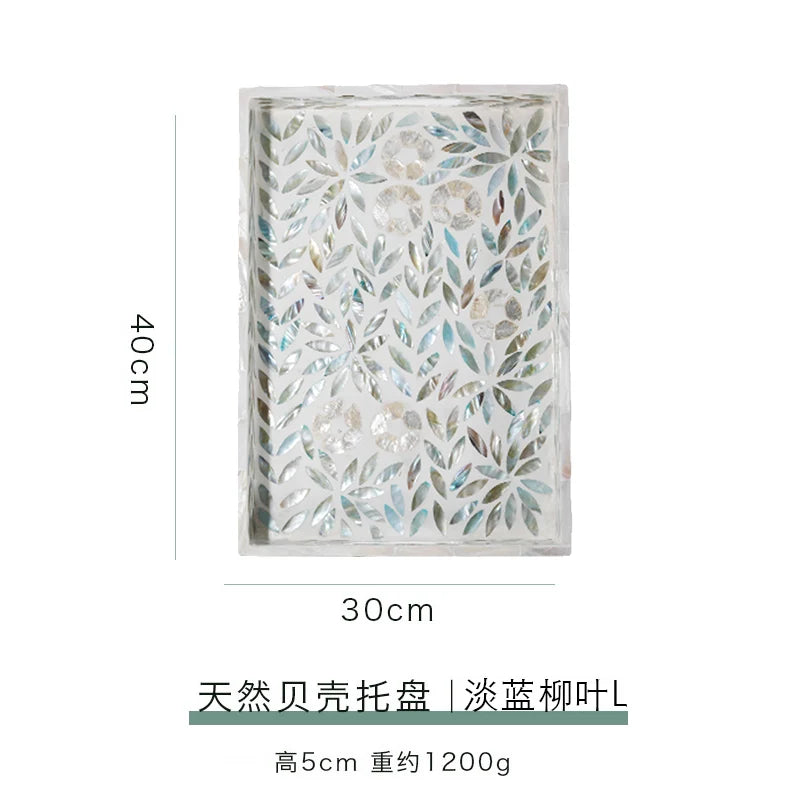 plateau moderne décoratif poignées couleur bleu clair vert beige feuilles saule mosaïque transparent opacité