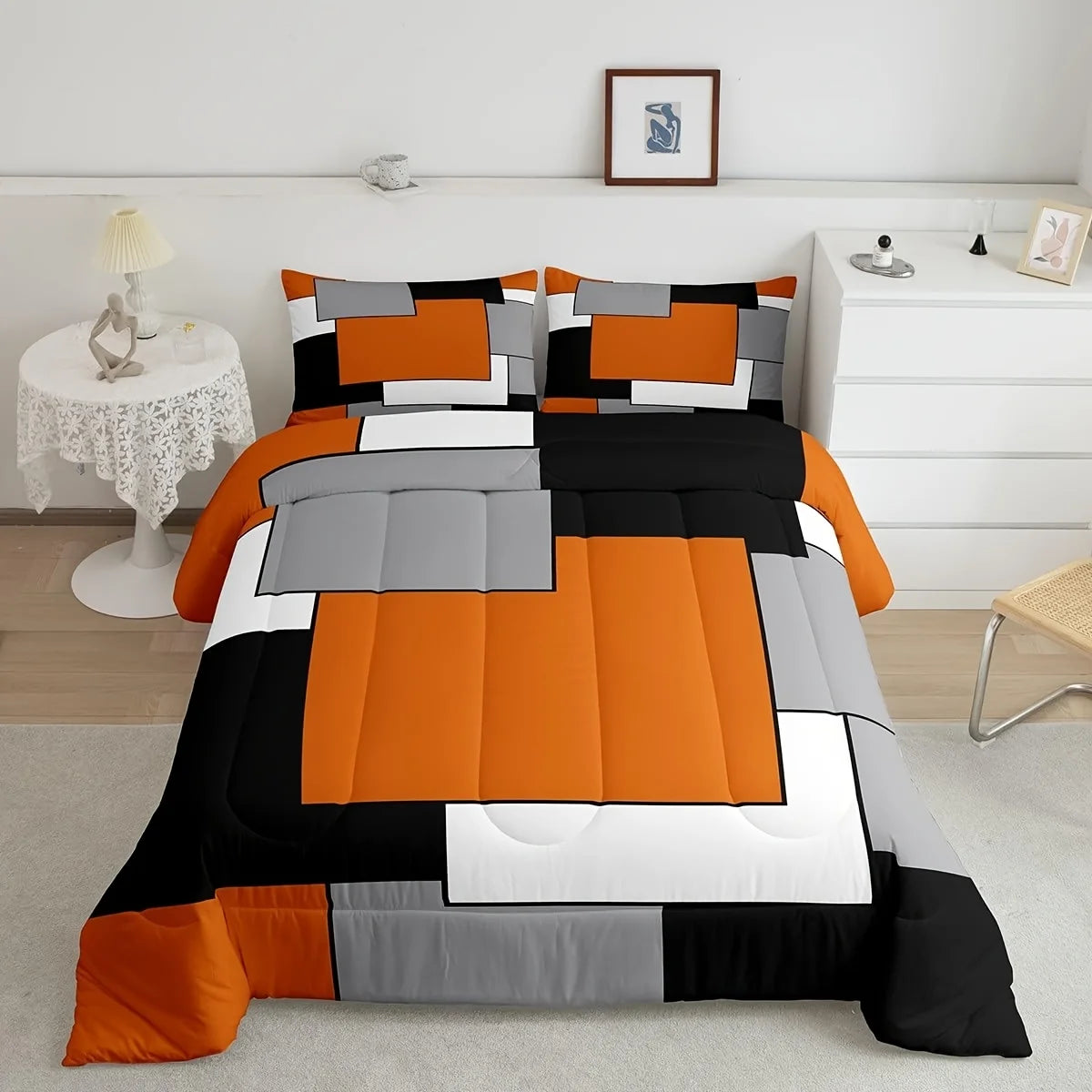 parure lit ensemble housse couette patchwork géométrique moderne orange noir gris blanc