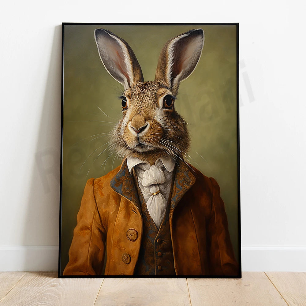 Un portrait élégant d'un lapin habillé dans un style vintage, avec un manteau en velours ocre et un nœud papillon, son regard intelligent et attentif captivant l'observateur.