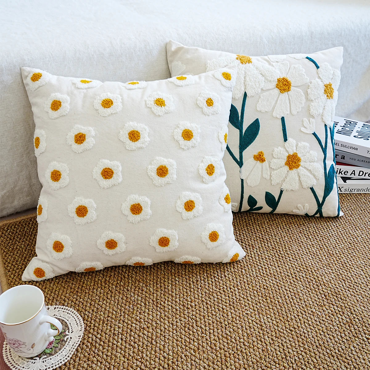 housse coussin brodée fleur blanche marguerite décoration maison salon blanc opacité décorative fixations deux
