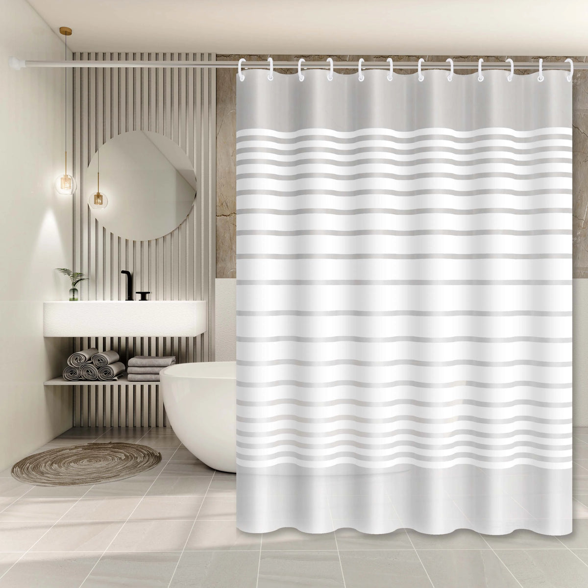 rideau douche moderne éva rayé blanc gris opacité large choix tailles respectueux l'environnement