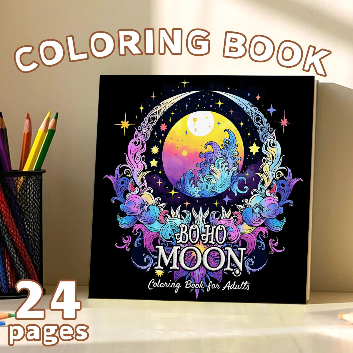 livre coloriage adultes motifs boho lune étoiles fleurs ornements couverture rigide pages blanches