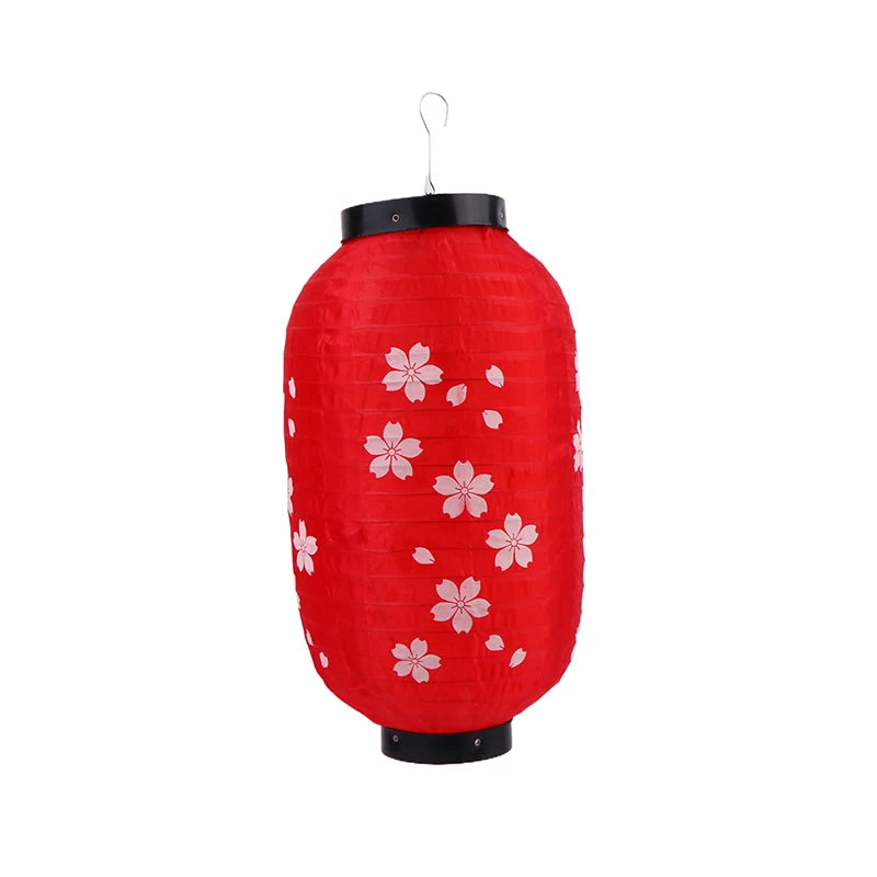 lanternes japonaises traditionnelles rouge jaune fleurs cerisier blancs crochets métalliques événement décoration maison pub